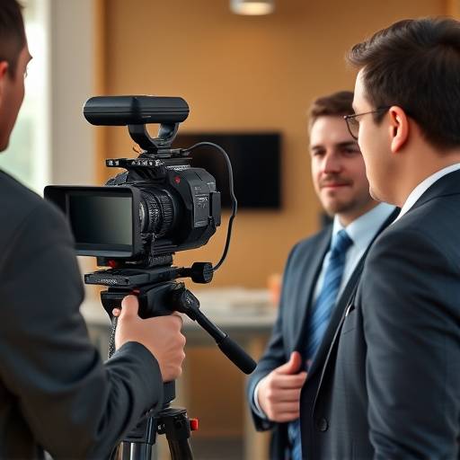 Professional camera filming a corporate interview