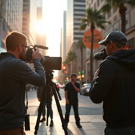 Starlight Films team filming a promotional video for a local business in downtown Los Angeles