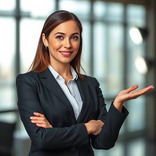 Still from a corporate video featuring a businesswoman presenting