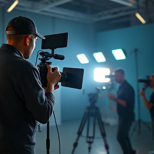 Team filming a promotional video with professional lighting