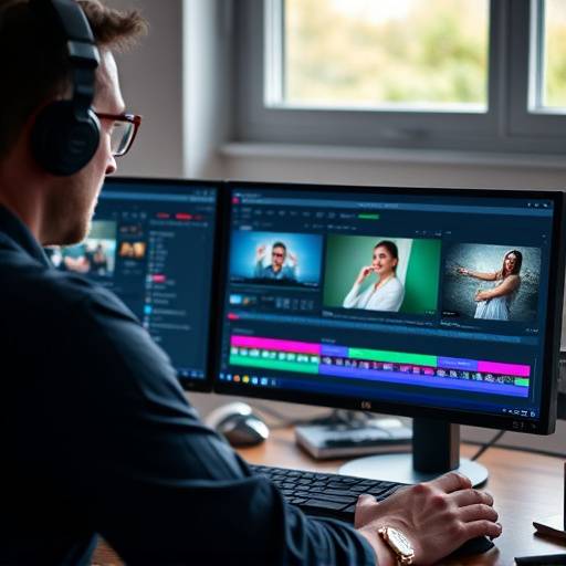 Video editor working on a timeline in Adobe Premiere Pro with dual monitors
